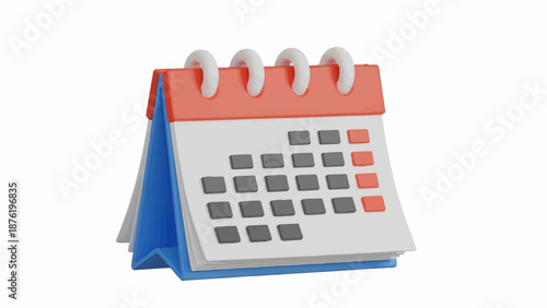 Stylized 3D desk calendar with red top and blue base