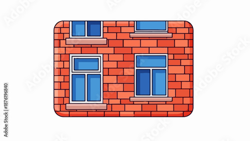 Stylized brick wall with four blue pane windows