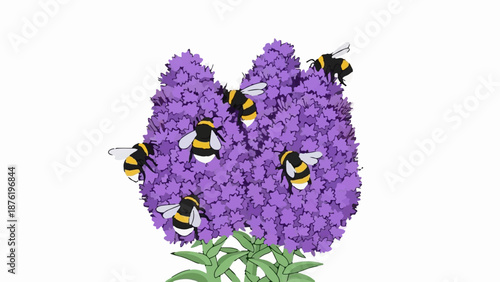 Six fuzzy bees buzz around a blooming purple flower cluster