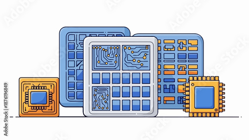 Stylized electronic components with intricate circuit board designs and golden detailing