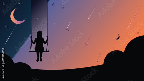 Silhouette of a girl on a swing under a starry night sky with crescent moon