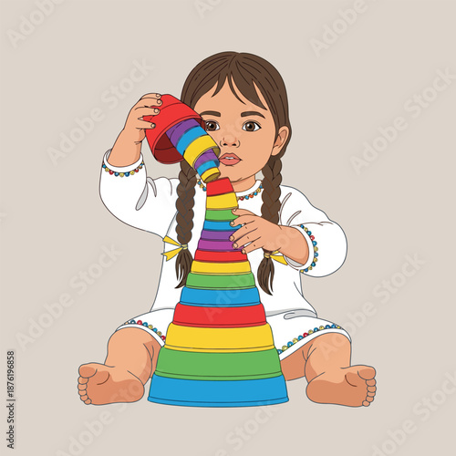 Young Child Stacking Rainbow Cups Toy Illustration