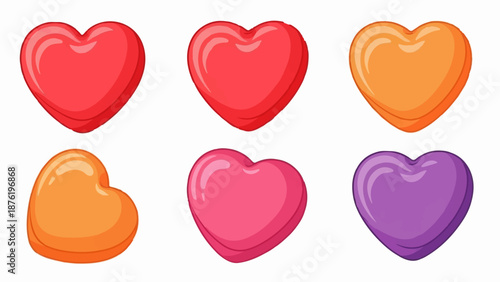 Six glossy heart shapes in red, orange, pink, and purple hues
