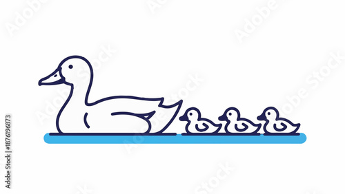 Stylized ducks, a mother and her ducklings, swim in blue water