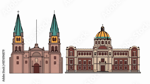 Stylized drawing of two significant religious buildings with distinct architectural features