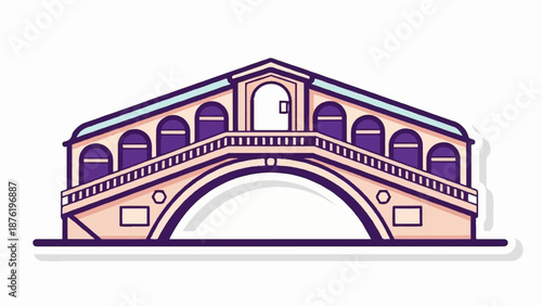 Stylized drawing of an arched bridge with arcade and central building