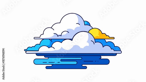 Stylized clouds and sun depicted in a layered, graphic illustration style