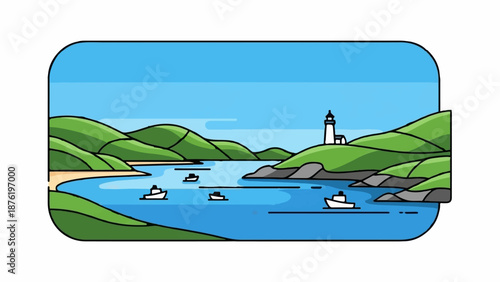 Stylized coastal scene with a lighthouse, boats, green hills, and a sandy beach under a blue sky