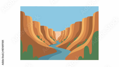 Stylized canyon with a river winding through, under a clear sky
