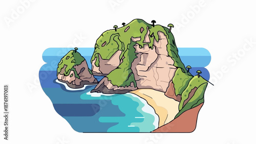 Stylized coastal scene with verdant, rocky islets and a sandy cove, against a simplified blue ocean