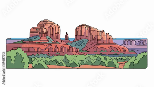 Stylized desert landscape with red rock formations and lush green foliage