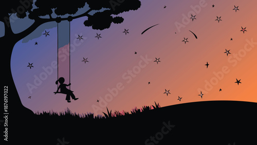 Silhouette of a young girl swinging under starry evening sky