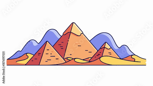 Stylized desert landscape with iconic triangular structures and rolling hills