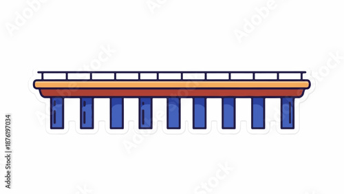 Stylized, colorful depiction of a bridge structure with visible pillars