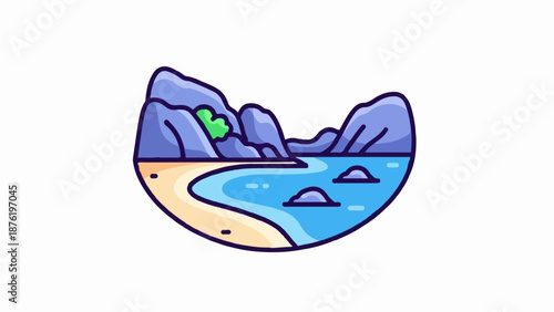 Stylized coastal landscape with rolling hills, a sandy beach, and calm blue water with rock formations