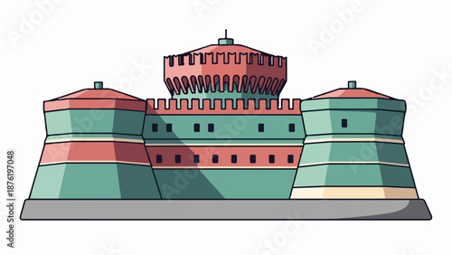 Stylized, colorful fortress with rounded towers and crenellated walls