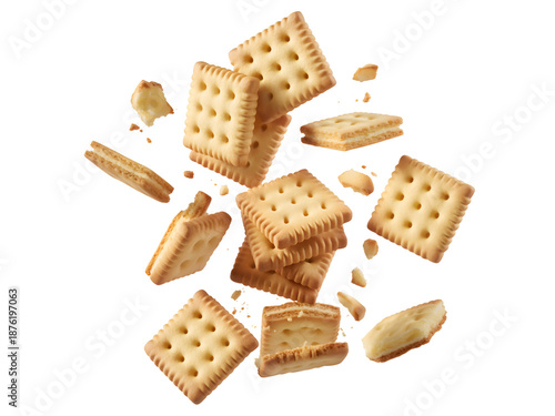 Flying crackers and biscuits in mid air isolated transparent background