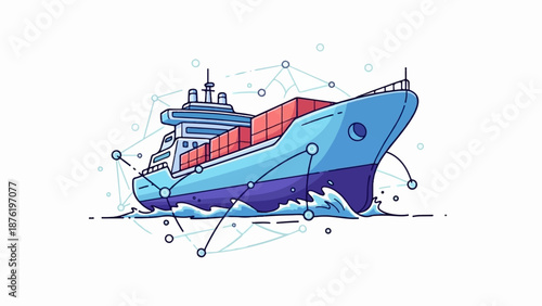 Stylized container ship navigating a sea of connections