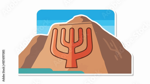 Stylized desert landscape featuring a large menorah carved into a mountain