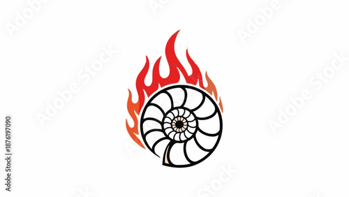 Stylized ammonite fossil engulfed in fiery flames