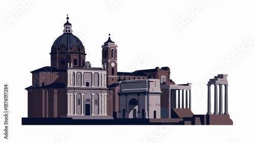Stylized depiction of ancient Roman structures, including a dome, towers, and ruins