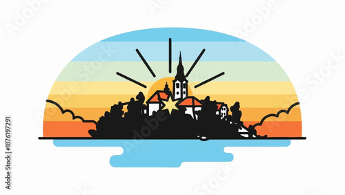 Stylized depiction of a European town skyline at sunset, with a prominent church and star