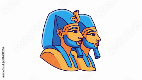 Stylized cartoon illustration of two pharaohs facing right, featuring blue headdresses and orange skin
