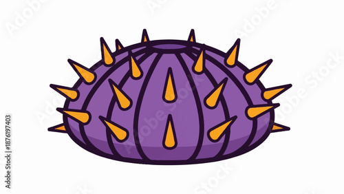 Stylized cartoon sea urchin with purple body and orange spines
