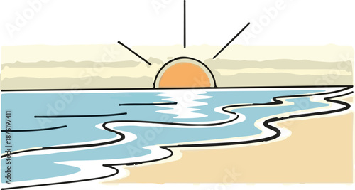 Stylized depiction of a serene beach at sunset with gentle waves lapping the shore