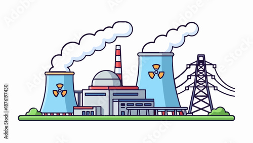 Stylized depiction of a nuclear power plant with cooling towers and transmission lines