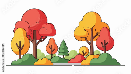 Stylized autumn scene with colorful trees, bushes, and a path