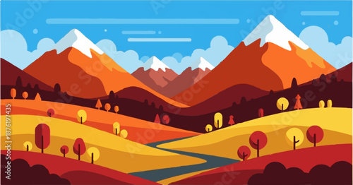 Stylized autumn mountain landscape with snow-capped peaks, rolling hills, and a winding river