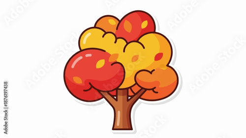 Stylized autumn tree with round, puffy foliage in red, orange, and yellow hues