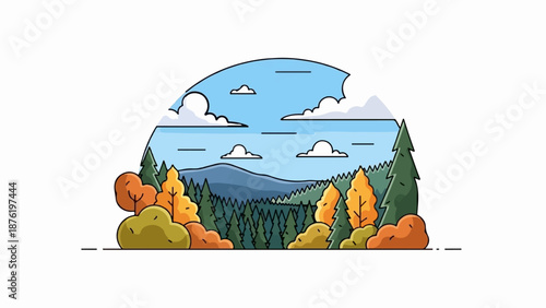 Stylized autumnal forest scene with distant mountains under a cloudy sky