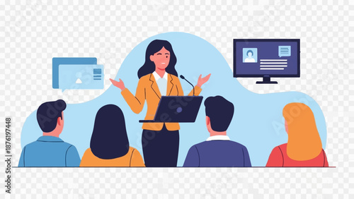 Speaker presenting to an audience on a screen, with speech bubbles nearby