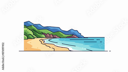 Stylized depiction of a tranquil coastal scene with rolling green and blue hills meeting a sandy beach and calm blue ocean