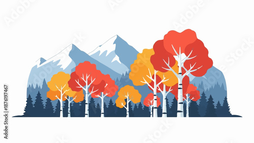 Stylized autumnal forest with snow-capped mountains