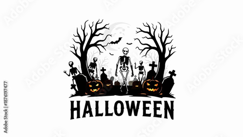 Spooky graveyard scene with skeletons, pumpkins, bats, and moon on Halloween