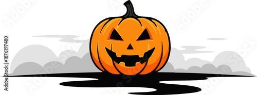 Spooky carved pumpkin with a grin against a backdrop of misty clouds and dark ground