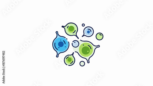 Stylized depiction of abstract biological cells with circular and teardrop shapes in blue and green