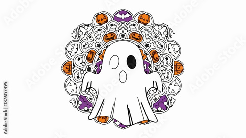 Spooky ghost with carved pumpkins and bats in a circular, mandala-like design