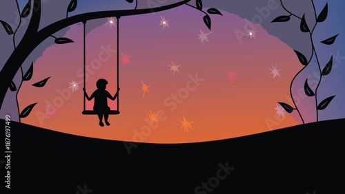Silhouette of a girl on a swing under starry evening sky