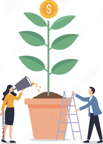 Mutual fund or growing investment, wealth profit growth or earning increase, savings or wealth management, pension fund concept, businessman investor watering stack dollar coin to grow money plant. 