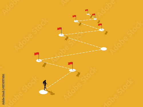 businesswoman walked towards the flags that were planted