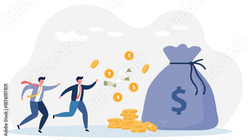 A group of businessmen carry gold coins from a huge purse 