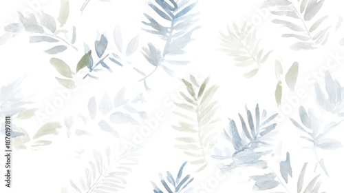 A soft watercolor pattern featuring delicate leaves in shades of green and blue on a light background, creating a serene and natural aesthetic.