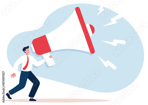 Announcement or storytelling, communication skill or shouting out loud, sending message or attention warning, speak or boss aggression concept, businessman boss shouting on megaphone or loudspeaker. 