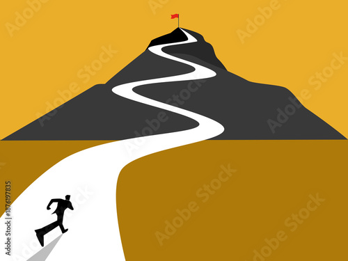 businessman runs up the hill to reach the flag