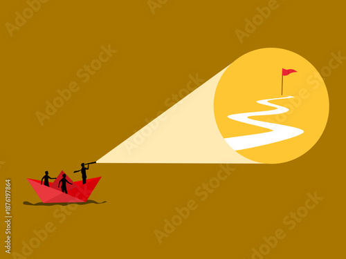 team of business people on a paper boat have discovered a new path