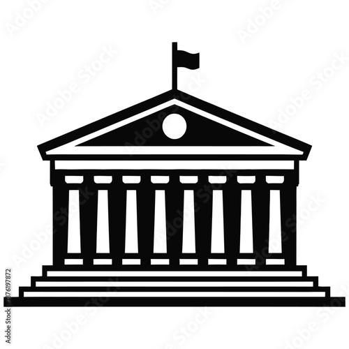 Simple black and white icon of a classical building with columns, representing a bank, courthouse, or government institution